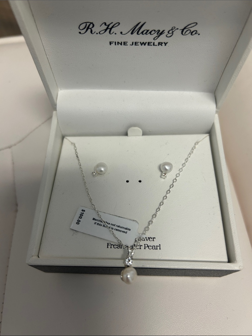 Silver Freshwater Pearl Necklace and Stud Earrings Set - White Pearls